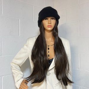 NWT hat wig dark brown 32” straight chocolate extensions attached to beanie